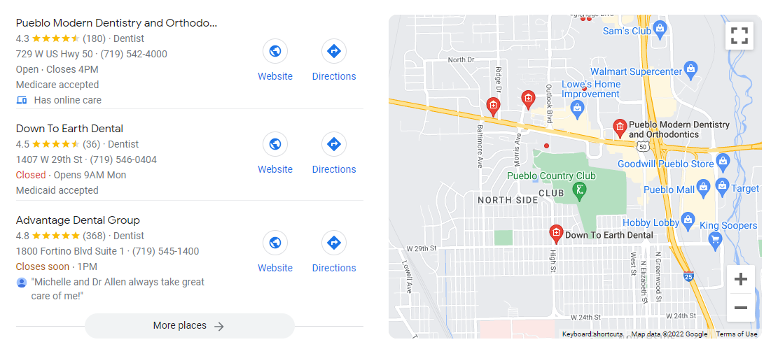 Dental Local SEO Google Maps Screenshot